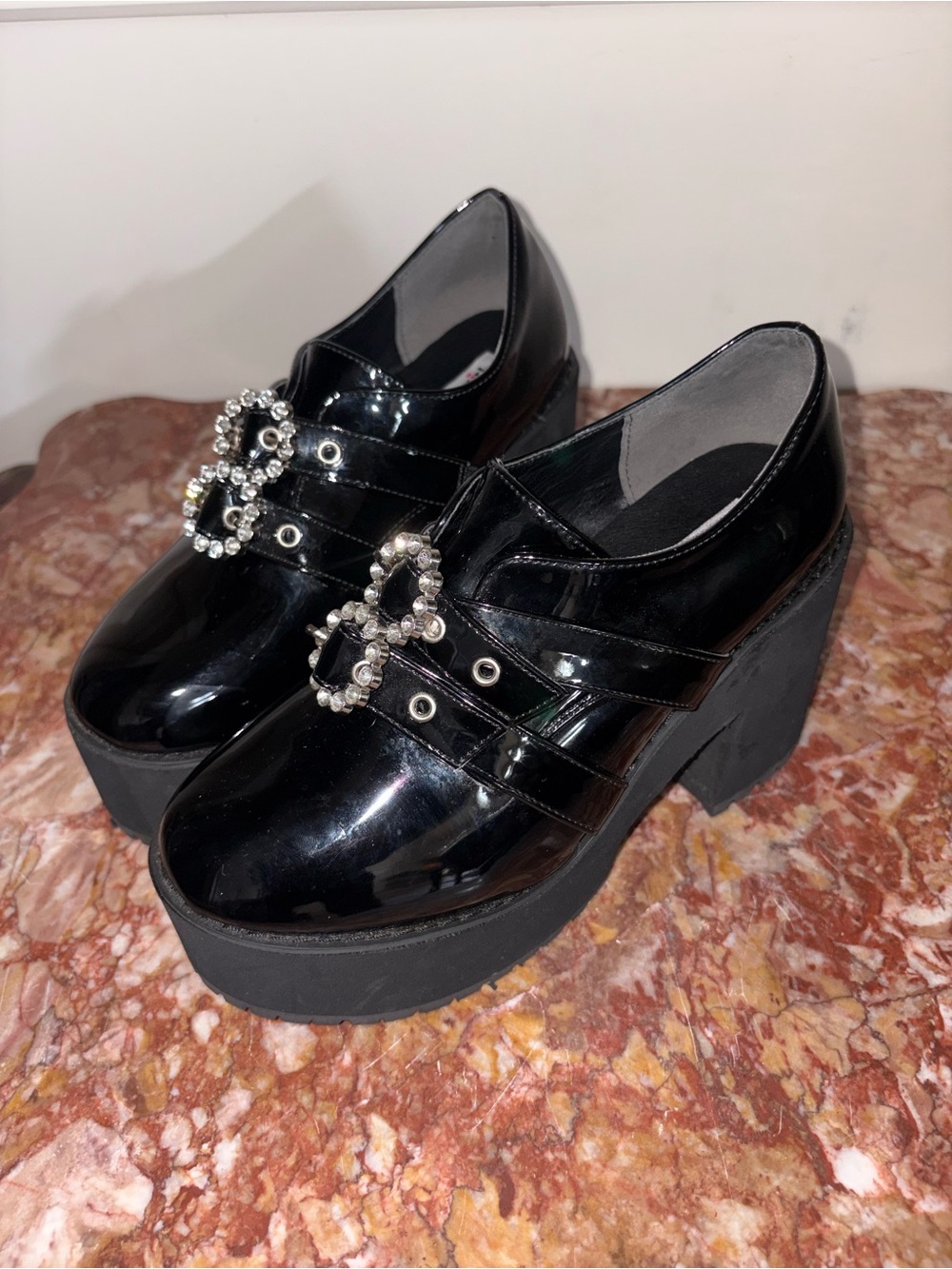 Chunky Platform Mary Jane Shoes with Crystal Buckles - Black